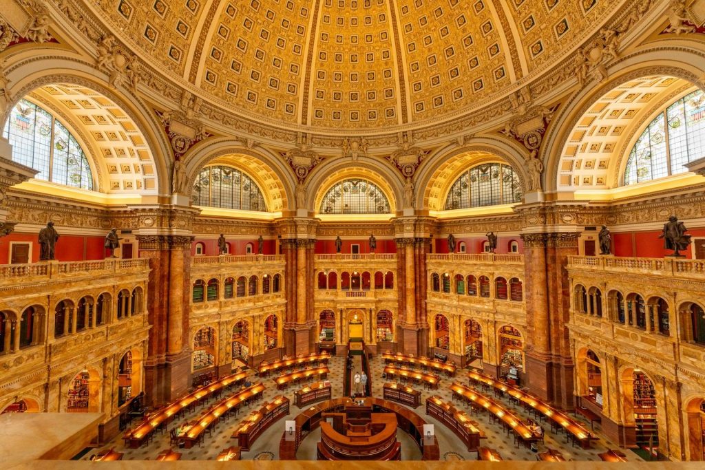 Grand view of the Library of Congress interior, Washington D.C., showcasing its ornate architecture.