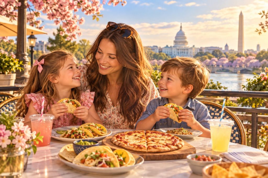 Illustration of a mother and two children sharing a meal at an outdoor cafe in Washington, DC (AI illustration)