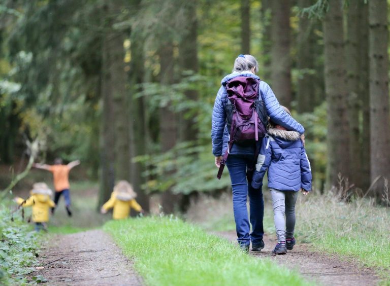 An adult and a child walking along a forest path with two children ahead