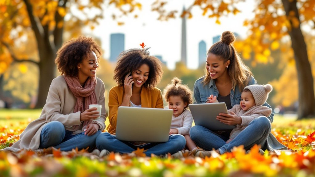 Moms and kids together in a sunny autumn park